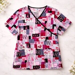 SB SCRUBS Women's Pink Heart Breast Cancer Ribbon SCRUB TOP Small